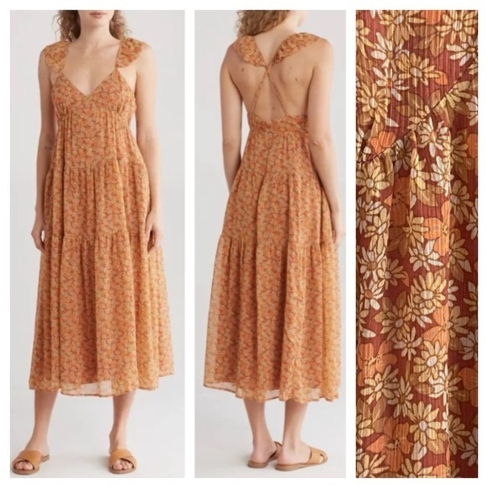 Madewell Yellow Orange Floral Georgette Ruffle Sleeve Tiered Midi Dress 4